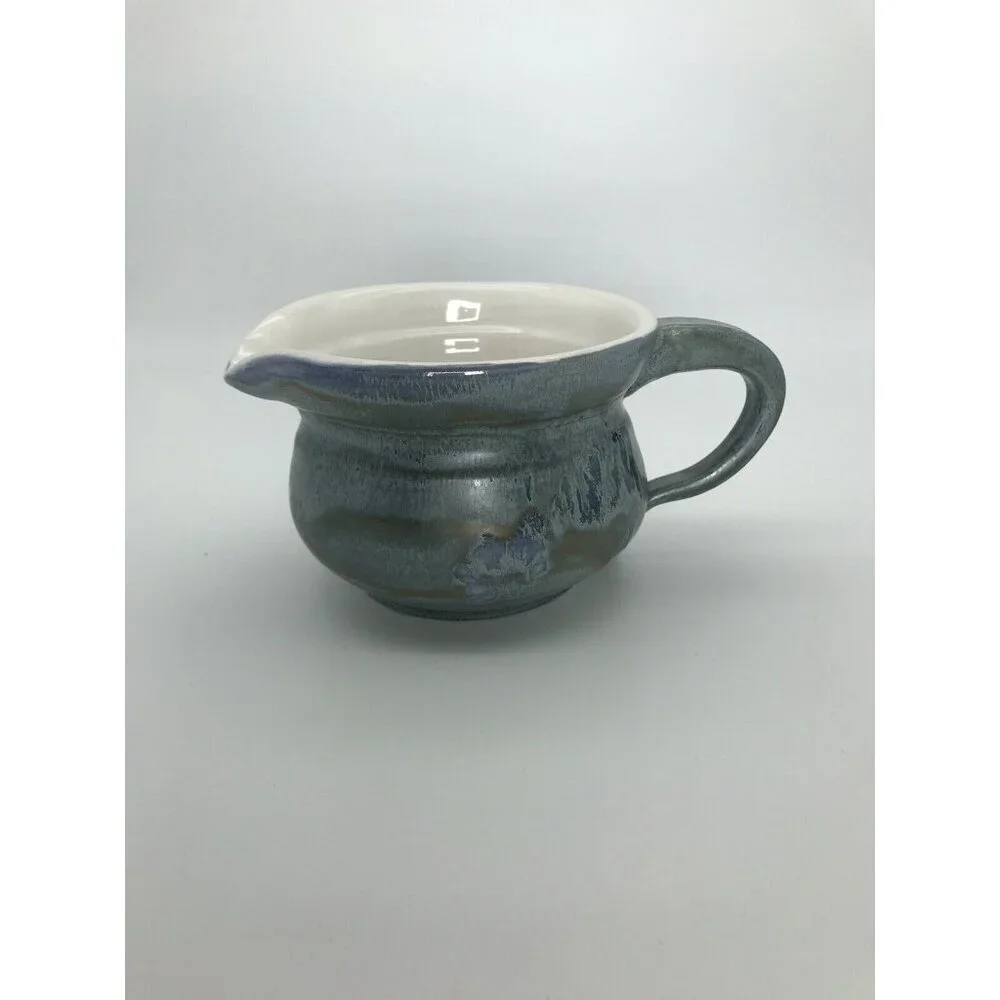 Art Pottery Large Creamer Blue Glaze Signed Dated Handle Ceramic Stoneware Gravy